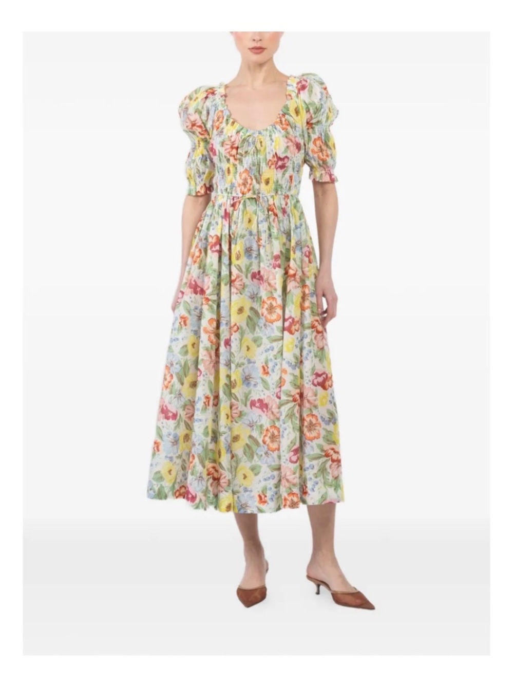 DÔEN
Ischia shirred floral-print midi dress